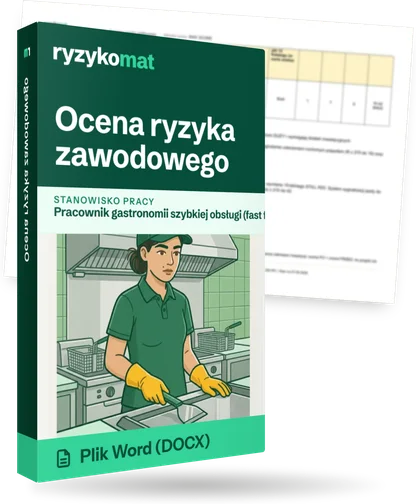 Pudełko dokumentu „Ocena ryzyka zawodowego” ze znakiem Ryzykomat i napisem „Plik Word (DOCX)” na froncie, ilustracja stanowiska „Pracownik gastronomii szybkiej obsługi (fast food)”; zza pudełka wystaje strona prawdziwego dokumentu z rozmytą treścią