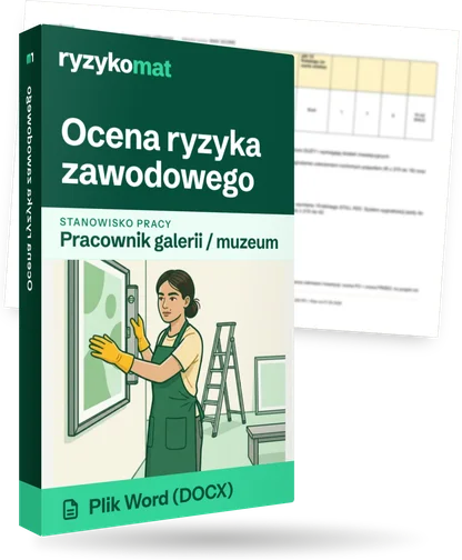 Pudełko dokumentu „Ocena ryzyka zawodowego” ze znakiem Ryzykomat i napisem „Plik Word (DOCX)” na froncie, ilustracja stanowiska „Pracownik galerii / muzeum”; zza pudełka wystaje strona prawdziwego dokumentu z rozmytą treścią