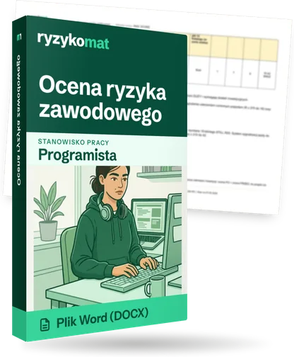 Pudełko dokumentu „Ocena ryzyka zawodowego” ze znakiem Ryzykomat i napisem „Plik Word (DOCX)” na froncie, ilustracja stanowiska „Programista”; zza pudełka wystaje strona prawdziwego dokumentu z rozmytą treścią