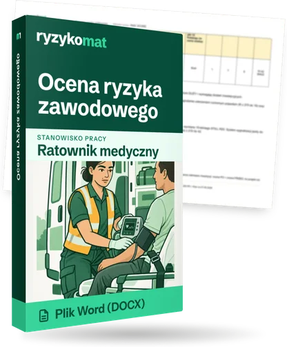 Pudełko dokumentu „Ocena ryzyka zawodowego” ze znakiem Ryzykomat i napisem „Plik Word (DOCX)” na froncie, ilustracja stanowiska „Ratownik medyczny”; zza pudełka wystaje strona prawdziwego dokumentu z rozmytą treścią