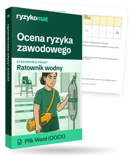 Pudełko dokumentu „Ocena ryzyka zawodowego” ze znakiem Ryzykomat i napisem „Plik Word (DOCX)” na froncie, ilustracja stanowiska „Ratownik wodny”; zza pudełka wystaje strona prawdziwego dokumentu z rozmytą treścią