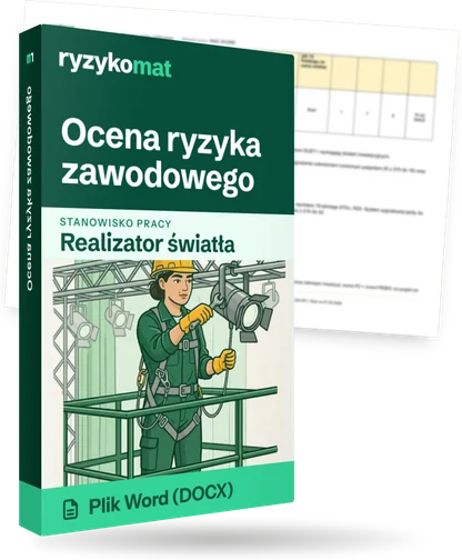 Pudełko dokumentu „Ocena ryzyka zawodowego” ze znakiem Ryzykomat i napisem „Plik Word (DOCX)” na froncie, ilustracja stanowiska „Realizator światła”; zza pudełka wystaje strona prawdziwego dokumentu z rozmytą treścią