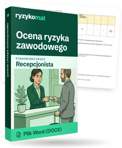 Pudełko dokumentu „Ocena ryzyka zawodowego” ze znakiem Ryzykomat i napisem „Plik Word (DOCX)” na froncie, ilustracja stanowiska „Recepcjonista”; zza pudełka wystaje strona prawdziwego dokumentu z rozmytą treścią