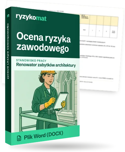 Pudełko dokumentu „Ocena ryzyka zawodowego” ze znakiem Ryzykomat i napisem „Plik Word (DOCX)” na froncie, ilustracja stanowiska „Renowator zabytków architektury”; zza pudełka wystaje strona prawdziwego dokumentu z rozmytą treścią