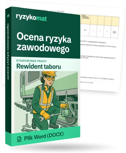Pudełko dokumentu „Ocena ryzyka zawodowego” ze znakiem Ryzykomat i napisem „Plik Word (DOCX)” na froncie, ilustracja stanowiska „Rewident taboru”; zza pudełka wystaje strona prawdziwego dokumentu z rozmytą treścią