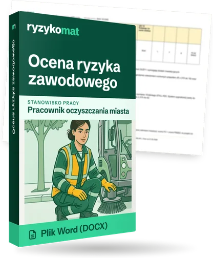 Pudełko dokumentu „Ocena ryzyka zawodowego” ze znakiem Ryzykomat i napisem „Plik Word (DOCX)” na froncie, ilustracja stanowiska „Pracownik oczyszczania miasta”; zza pudełka wystaje strona prawdziwego dokumentu z rozmytą treścią