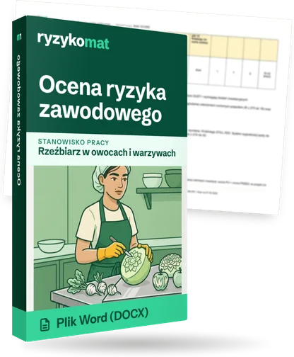 Pudełko dokumentu „Ocena ryzyka zawodowego” ze znakiem Ryzykomat i napisem „Plik Word (DOCX)” na froncie, ilustracja stanowiska „Rzeźbiarz w owocach i warzywach”; zza pudełka wystaje strona prawdziwego dokumentu z rozmytą treścią