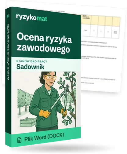 Pudełko dokumentu „Ocena ryzyka zawodowego” ze znakiem Ryzykomat i napisem „Plik Word (DOCX)” na froncie, ilustracja stanowiska „Sadownik”; zza pudełka wystaje strona prawdziwego dokumentu z rozmytą treścią