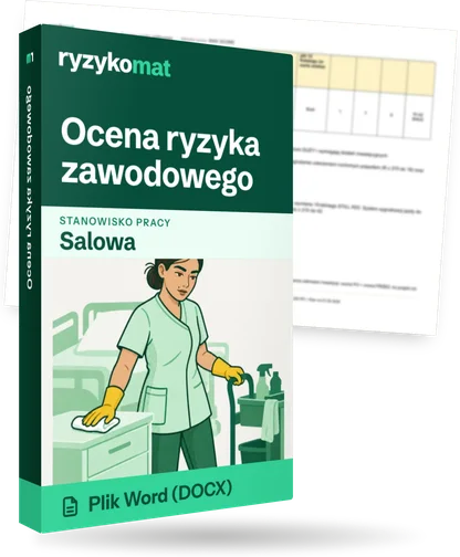 Pudełko dokumentu „Ocena ryzyka zawodowego” ze znakiem Ryzykomat i napisem „Plik Word (DOCX)” na froncie, ilustracja stanowiska „Salowa”; zza pudełka wystaje strona prawdziwego dokumentu z rozmytą treścią