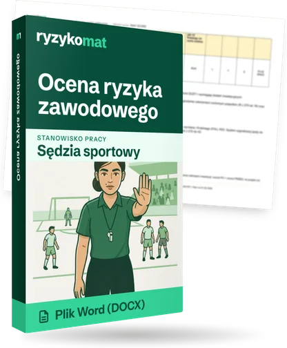 Pudełko dokumentu „Ocena ryzyka zawodowego” ze znakiem Ryzykomat i napisem „Plik Word (DOCX)” na froncie, ilustracja stanowiska „Sędzia sportowy”; zza pudełka wystaje strona prawdziwego dokumentu z rozmytą treścią