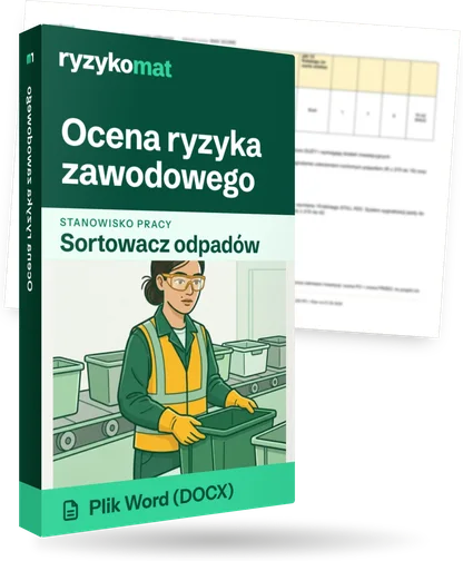 Pudełko dokumentu „Ocena ryzyka zawodowego” ze znakiem Ryzykomat i napisem „Plik Word (DOCX)” na froncie, ilustracja stanowiska „Sortowacz odpadów”; zza pudełka wystaje strona prawdziwego dokumentu z rozmytą treścią