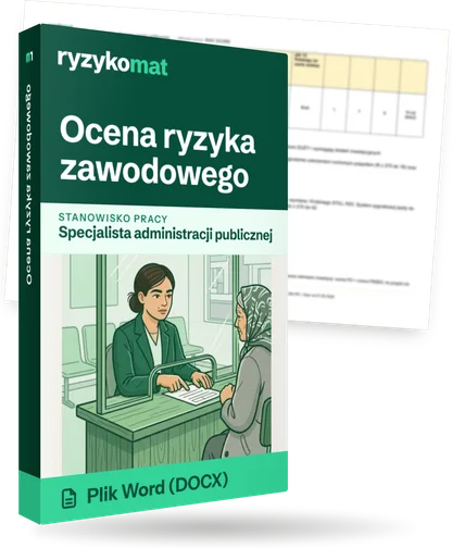 Pudełko dokumentu „Ocena ryzyka zawodowego” ze znakiem Ryzykomat i napisem „Plik Word (DOCX)” na froncie, ilustracja stanowiska „Specjalista administracji publicznej”; zza pudełka wystaje strona prawdziwego dokumentu z rozmytą treścią