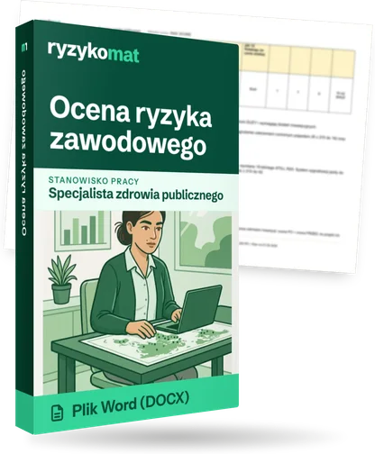 Pudełko dokumentu „Ocena ryzyka zawodowego” ze znakiem Ryzykomat i napisem „Plik Word (DOCX)” na froncie, ilustracja stanowiska „Specjalista zdrowia publicznego”; zza pudełka wystaje strona prawdziwego dokumentu z rozmytą treścią