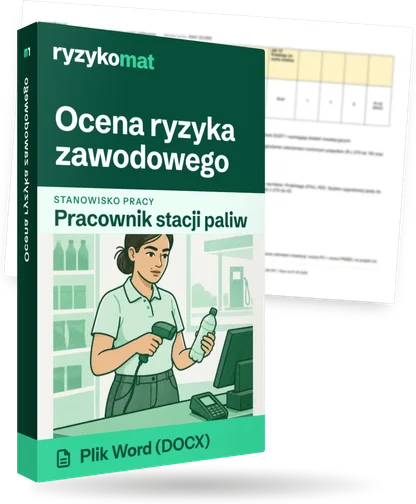 Pudełko dokumentu „Ocena ryzyka zawodowego” ze znakiem Ryzykomat i napisem „Plik Word (DOCX)” na froncie, ilustracja stanowiska „Pracownik stacji paliw”; zza pudełka wystaje strona prawdziwego dokumentu z rozmytą treścią