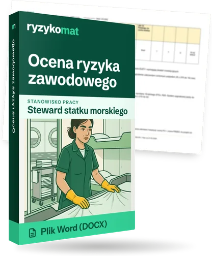 Pudełko dokumentu „Ocena ryzyka zawodowego” ze znakiem Ryzykomat i napisem „Plik Word (DOCX)” na froncie, ilustracja stanowiska „Steward statku morskiego”; zza pudełka wystaje strona prawdziwego dokumentu z rozmytą treścią