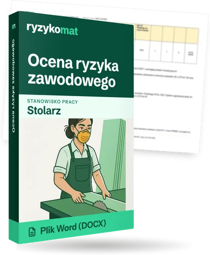 Pudełko dokumentu „Ocena ryzyka zawodowego” ze znakiem Ryzykomat i napisem „Plik Word (DOCX)” na froncie, ilustracja stanowiska „Stolarz”; zza pudełka wystaje strona prawdziwego dokumentu z rozmytą treścią