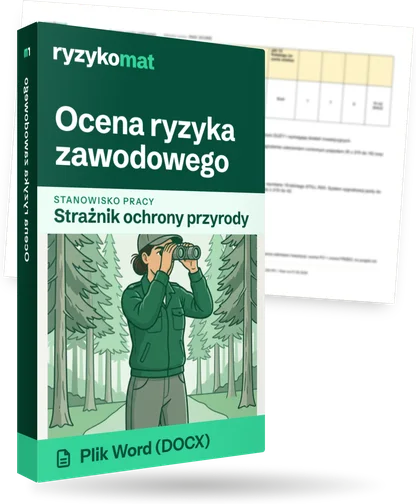 Pudełko dokumentu „Ocena ryzyka zawodowego” ze znakiem Ryzykomat i napisem „Plik Word (DOCX)” na froncie, ilustracja stanowiska „Strażnik ochrony przyrody”; zza pudełka wystaje strona prawdziwego dokumentu z rozmytą treścią