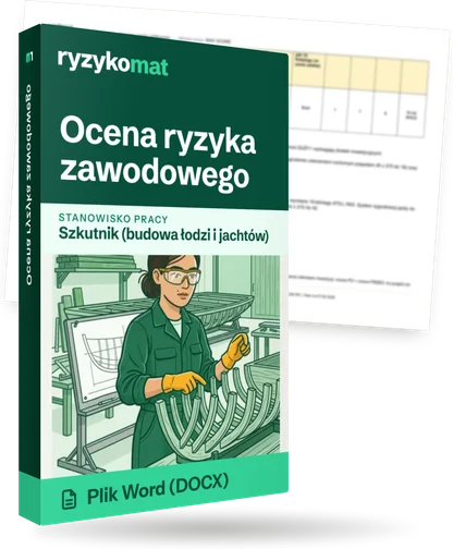 Pudełko dokumentu „Ocena ryzyka zawodowego” ze znakiem Ryzykomat i napisem „Plik Word (DOCX)” na froncie, ilustracja stanowiska „Szkutnik (budowa łodzi i jachtów)”; zza pudełka wystaje strona prawdziwego dokumentu z rozmytą treścią