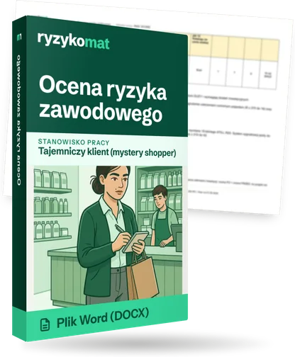 Pudełko dokumentu „Ocena ryzyka zawodowego” ze znakiem Ryzykomat i napisem „Plik Word (DOCX)” na froncie, ilustracja stanowiska „Tajemniczy klient (mystery shopper)”; zza pudełka wystaje strona prawdziwego dokumentu z rozmytą treścią