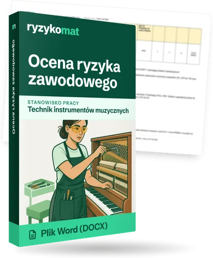 Pudełko dokumentu „Ocena ryzyka zawodowego” ze znakiem Ryzykomat i napisem „Plik Word (DOCX)” na froncie, ilustracja stanowiska „Technik instrumentów muzycznych”; zza pudełka wystaje strona prawdziwego dokumentu z rozmytą treścią