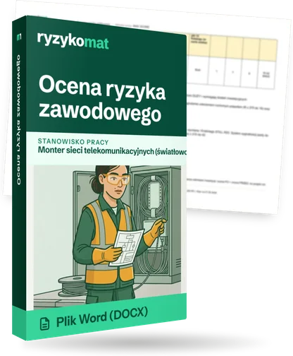Pudełko dokumentu „Ocena ryzyka zawodowego” ze znakiem Ryzykomat i napisem „Plik Word (DOCX)” na froncie, ilustracja stanowiska „Monter sieci telekomunikacyjnych (światłowody)”; zza pudełka wystaje strona prawdziwego dokumentu z rozmytą treścią