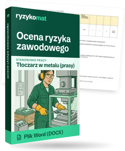 Pudełko dokumentu „Ocena ryzyka zawodowego” ze znakiem Ryzykomat i napisem „Plik Word (DOCX)” na froncie, ilustracja stanowiska „Tłoczarz w metalu (prasy)”; zza pudełka wystaje strona prawdziwego dokumentu z rozmytą treścią
