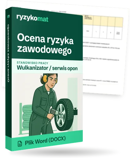 Pudełko dokumentu „Ocena ryzyka zawodowego” ze znakiem Ryzykomat i napisem „Plik Word (DOCX)” na froncie, ilustracja stanowiska „Wulkanizator / serwis opon”; zza pudełka wystaje strona prawdziwego dokumentu z rozmytą treścią