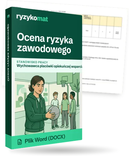 Pudełko dokumentu „Ocena ryzyka zawodowego” ze znakiem Ryzykomat i napisem „Plik Word (DOCX)” na froncie, ilustracja stanowiska „Wychowawca placówki opiekuńczej wsparcia dziennego”; zza pudełka wystaje strona prawdziwego dokumentu z rozmytą treścią