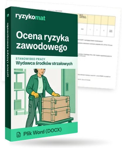 Pudełko dokumentu „Ocena ryzyka zawodowego” ze znakiem Ryzykomat i napisem „Plik Word (DOCX)” na froncie, ilustracja stanowiska „Wydawca środków strzałowych”; zza pudełka wystaje strona prawdziwego dokumentu z rozmytą treścią