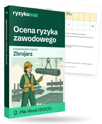 Pudełko dokumentu „Ocena ryzyka zawodowego” ze znakiem Ryzykomat i napisem „Plik Word (DOCX)” na froncie, ilustracja stanowiska „Zbrojarz”; zza pudełka wystaje strona prawdziwego dokumentu z rozmytą treścią